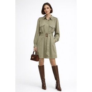 PAIGE Olive Green Utility Belted Mini Shirt Dress Cotton Twill Long Sleeve S